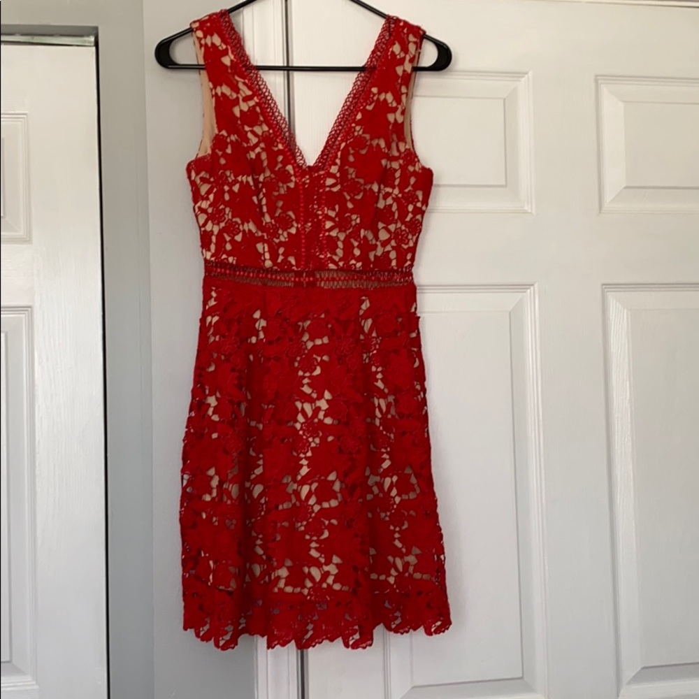 Red Lace Dress with Tan Underlay